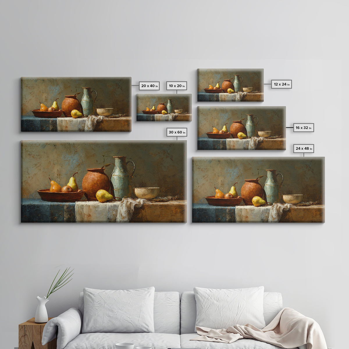 Pear Still Life on Linen Tablecloth Framed Canvas Print, French Country Art, Digital Wall Art, Farmhouse Decor, Abstract Art, FCA-2x1-72