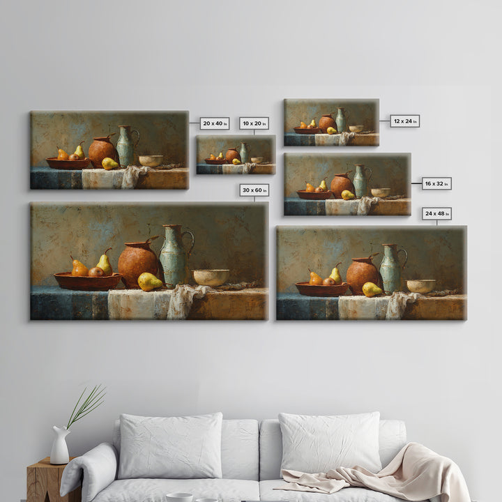 Pear Still Life on Linen Tablecloth Framed Canvas Print, French Country Art, Digital Wall Art, Farmhouse Decor, Abstract Art, FCA-2x1-72