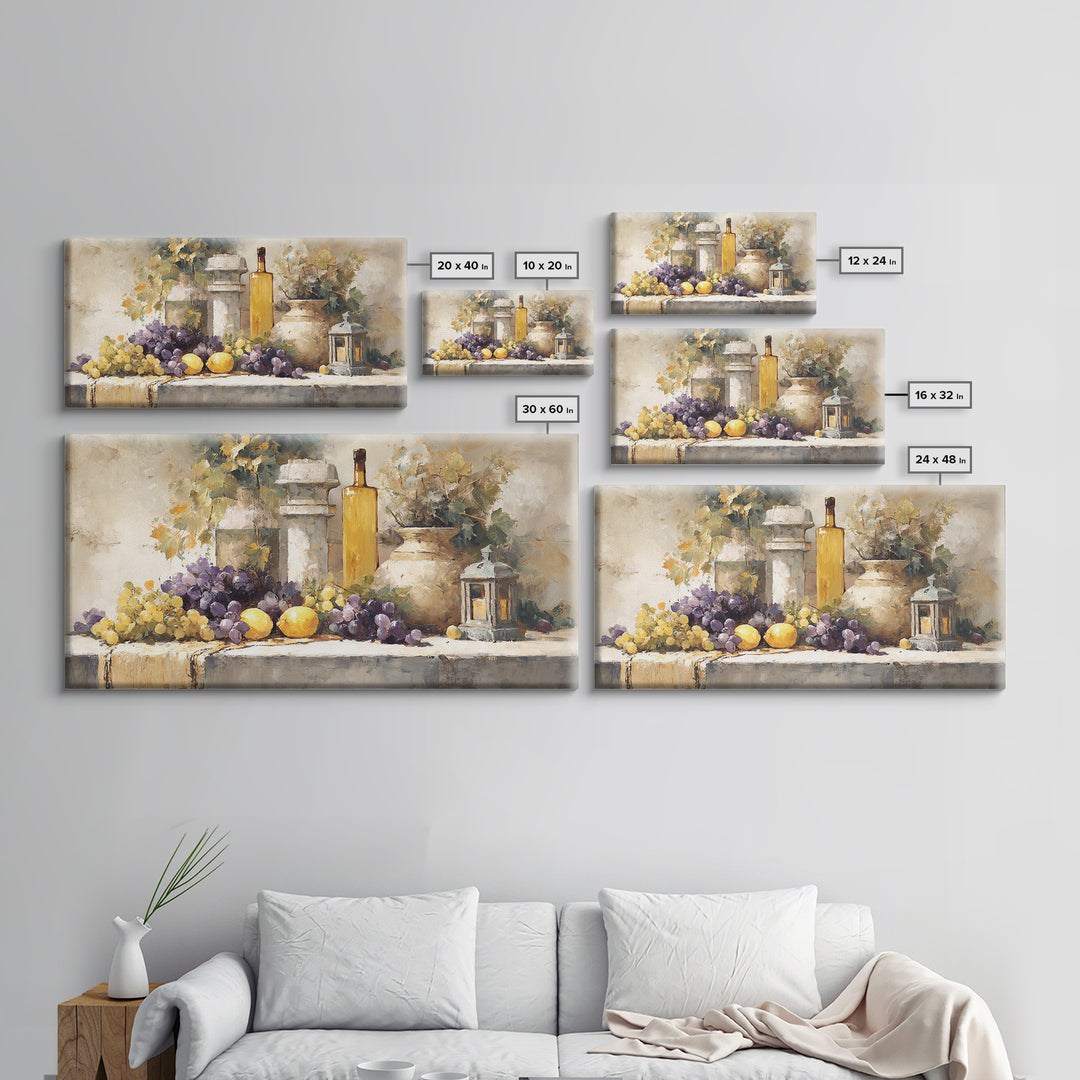 Grapes and Wine Still Life Canvas Print, French Country Art, Farmhouse Decor, Oil Painting, Country, Digital Wall Art, FCA-2x1-77