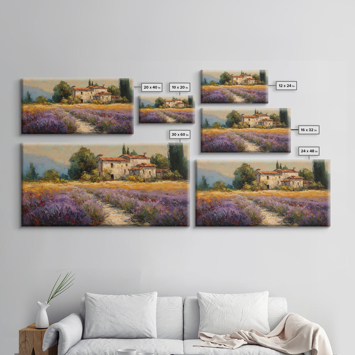 Lavender Field with Distant Stone Farmhouse Canvas Print, French Country Art, Minimalist Decor, Farmhouse Decor, Country, FCA-2x1-93
