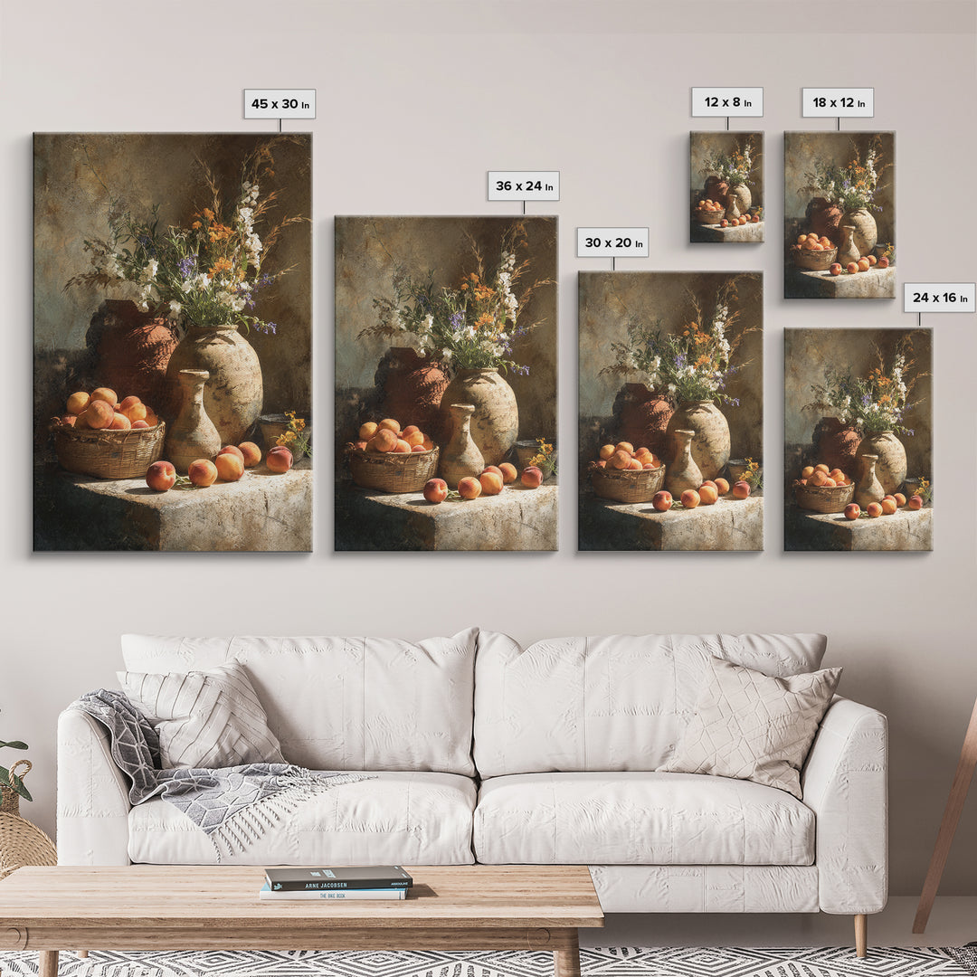 Basket of Fresh Peaches and Wildflowers Canvas Print, French Country Art, Floral Wall Art, Farmhouse Decor, Country, FCA-2x3-100