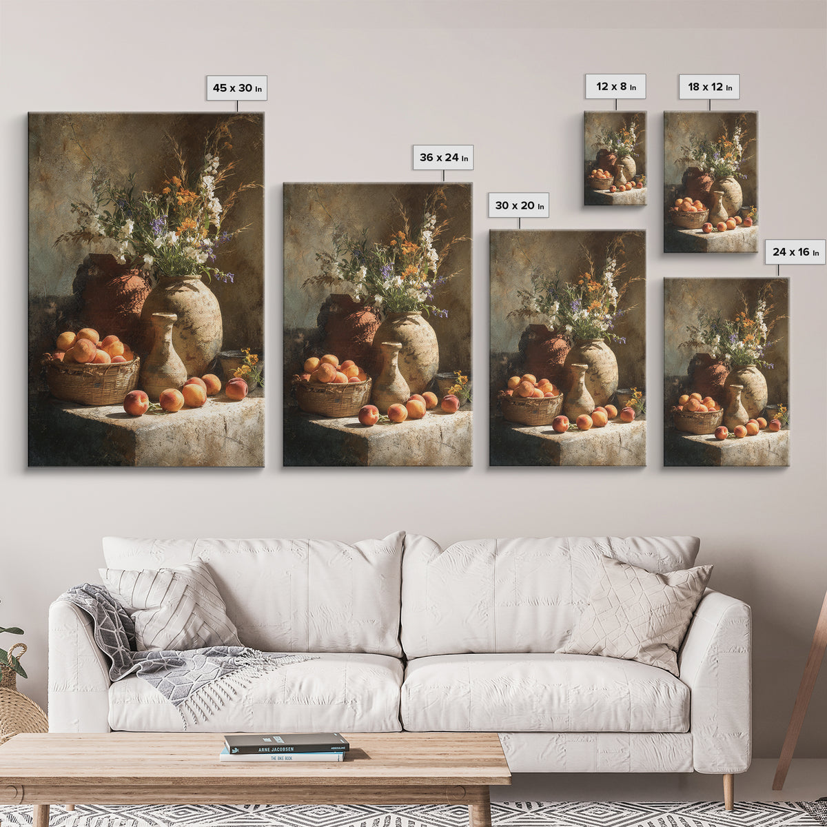Basket of Fresh Peaches and Wildflowers Canvas Print, French Country Art, Floral Wall Art, Farmhouse Decor, Country, FCA-2x3-100