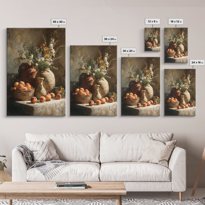 Basket of Fresh Peaches and Wildflowers Canvas Print, French Country Art, Floral Wall Art, Farmhouse Decor, Country, FCA-2x3-100
