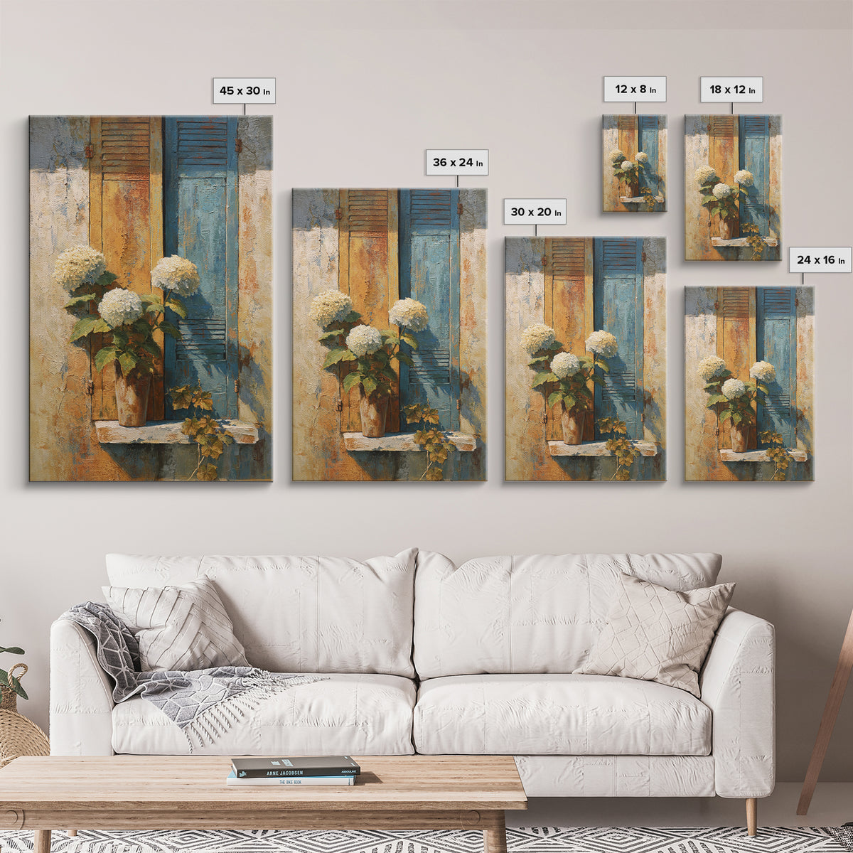 Soft Hydrangeas Beside Antique Shutters Canvas Print, French Country Art, Original Painting, Farmhouse Decor, Fine Art, Country, FCA-2x3-16