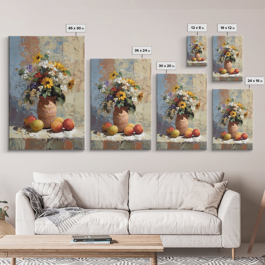 Basket of Fresh Peaches and Wildflowers Canvas Print, French Country Art, Textured Painting, Farmhouse Decor, Country, FCA-2x3-28