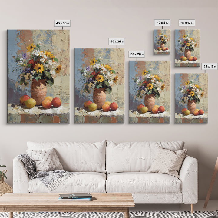 Basket of Fresh Peaches and Wildflowers Canvas Print, French Country Art, Textured Painting, Farmhouse Decor, Country, FCA-2x3-28