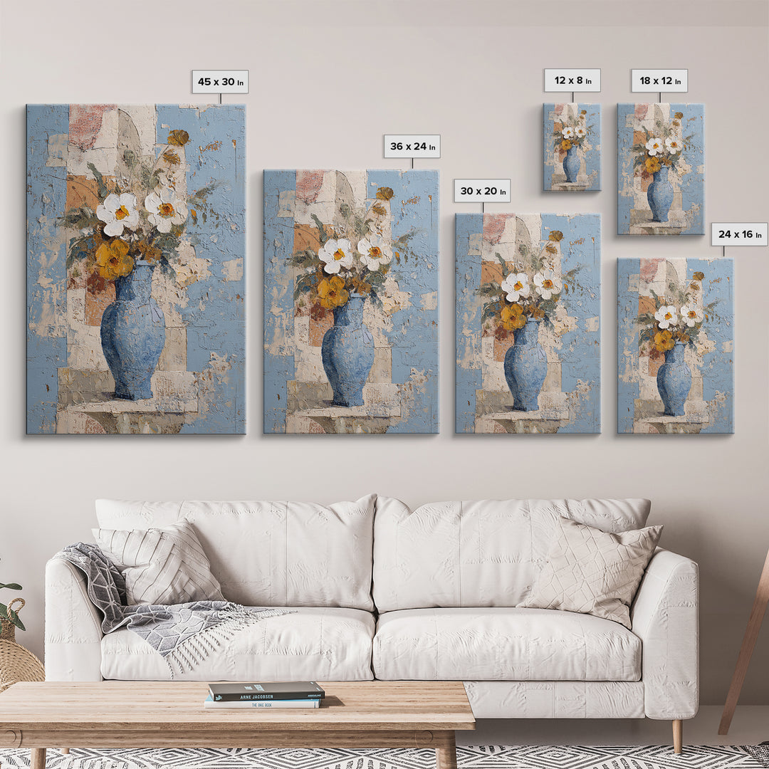 Blue and White Ceramic Pitcher Canvas Print, French Country Art, Botanical Wall Art, Farmhouse Decor, Watercolor Art, Country, FCA-2x3-35