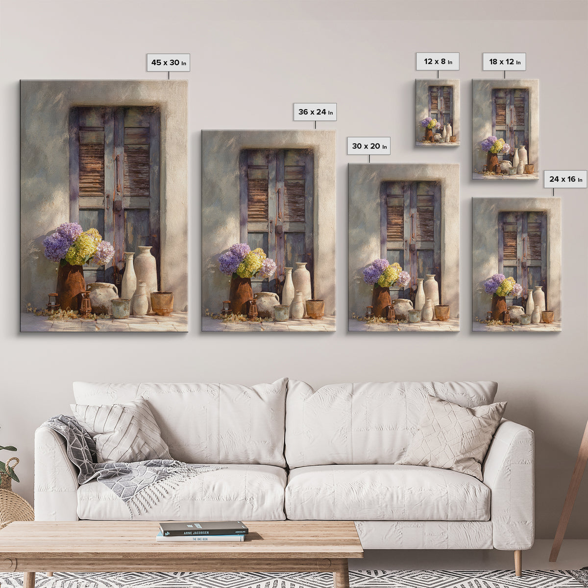 Soft Hydrangeas Beside Antique Shutters Canvas Print, French Country Art, Botanical Prints, Farmhouse Decor, Fine Art, Country, FCA-2x3-40