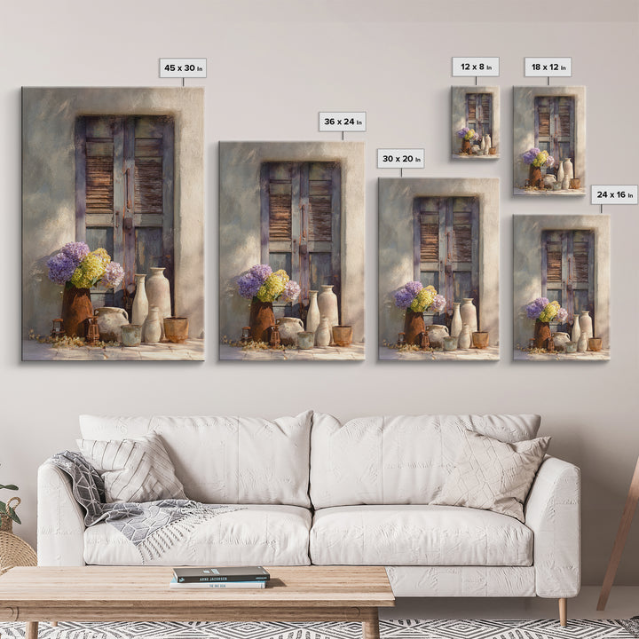 Soft Hydrangeas Beside Antique Shutters Canvas Print, French Country Art, Botanical Prints, Farmhouse Decor, Fine Art, Country, FCA-2x3-40