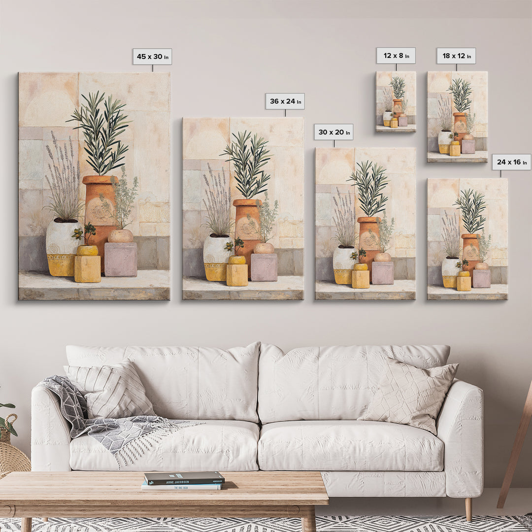 Terra Cotta Pots Framed Canvas Print, French Country Art, Eclectic Wall Art, Farmhouse Decor, Fine Art, Country, Modern Decor, FCA-2x3-43