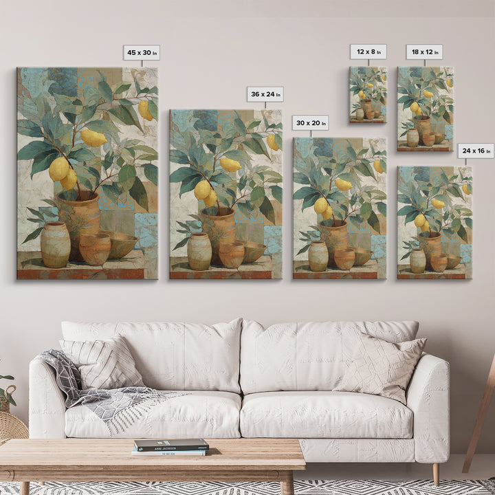 Aged Botanical Plate of Lemons and Leaves Framed Canvas Print, French Country Art, Farmhouse Decor, Watercolor Art, Country, FCA-2x3-44