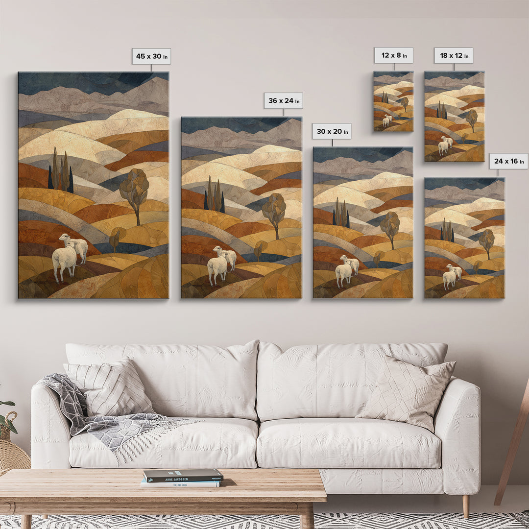 Pastoral Sheep in Rolling Countryside Framed Canvas Print, French Country Art, Home Decor, Farmhouse Decor, Fine Art, Country, FCA-2x3-46