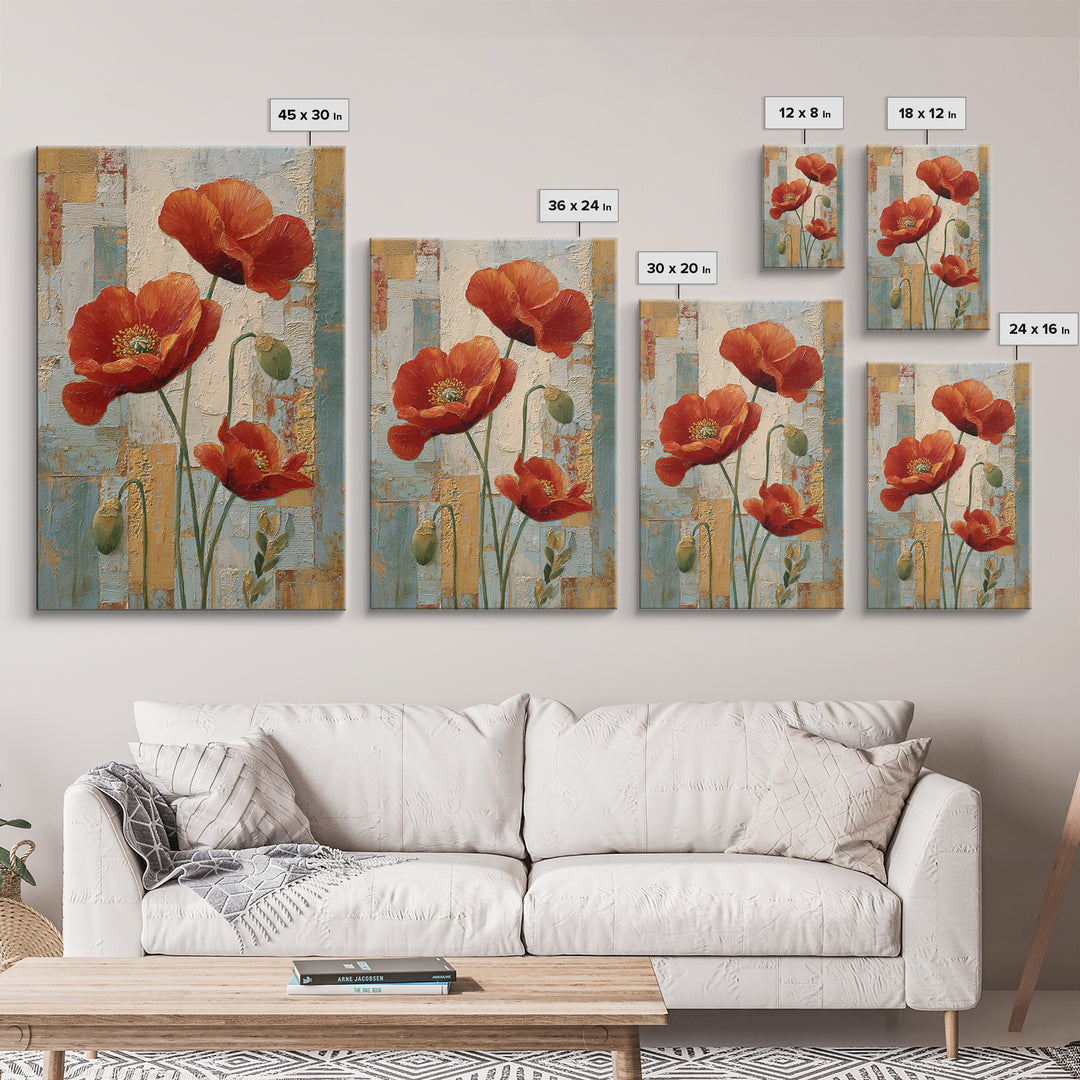 Poppies Beside a Stone Garden Wall Framed Canvas Print, French Country Art, French Country Decor, Farmhouse Decor, Country, FCA-2x3-47