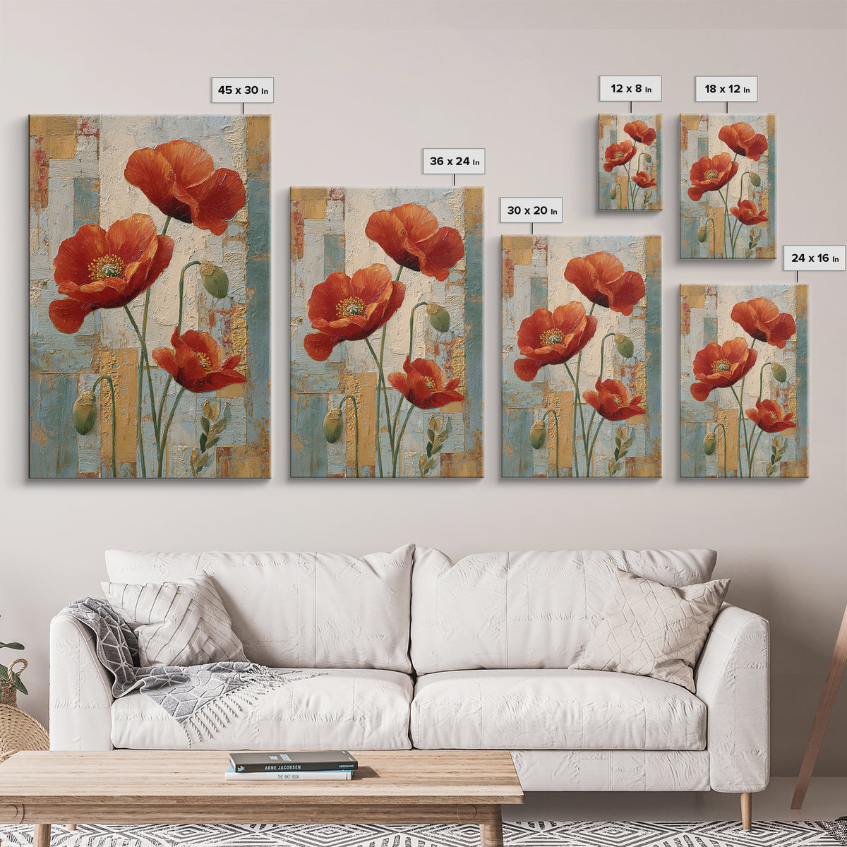 Poppies Beside a Stone Garden Wall Framed Canvas Print, French Country Art, French Country Decor, Farmhouse Decor, Country, FCA-2x3-47