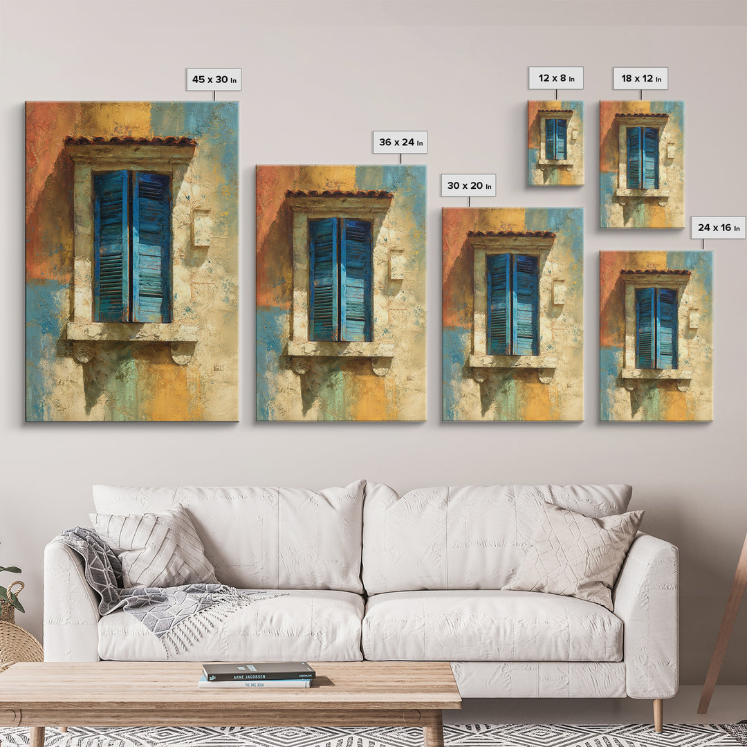 Weathered Window with Blue Shutters Framed Canvas Print, French Country Art, Boho Decor, Farmhouse Decor, Oil Painting, Country, FCA-2x3-53