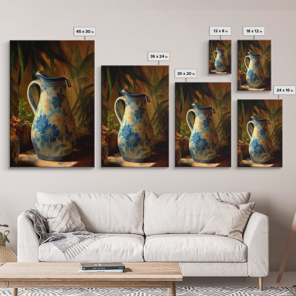 Blue and White Ceramic Pitcher Framed Canvas Print, French Country Art, Landscape Wall Art, Farmhouse Decor, Watercolor Art, FCA-2x3-59