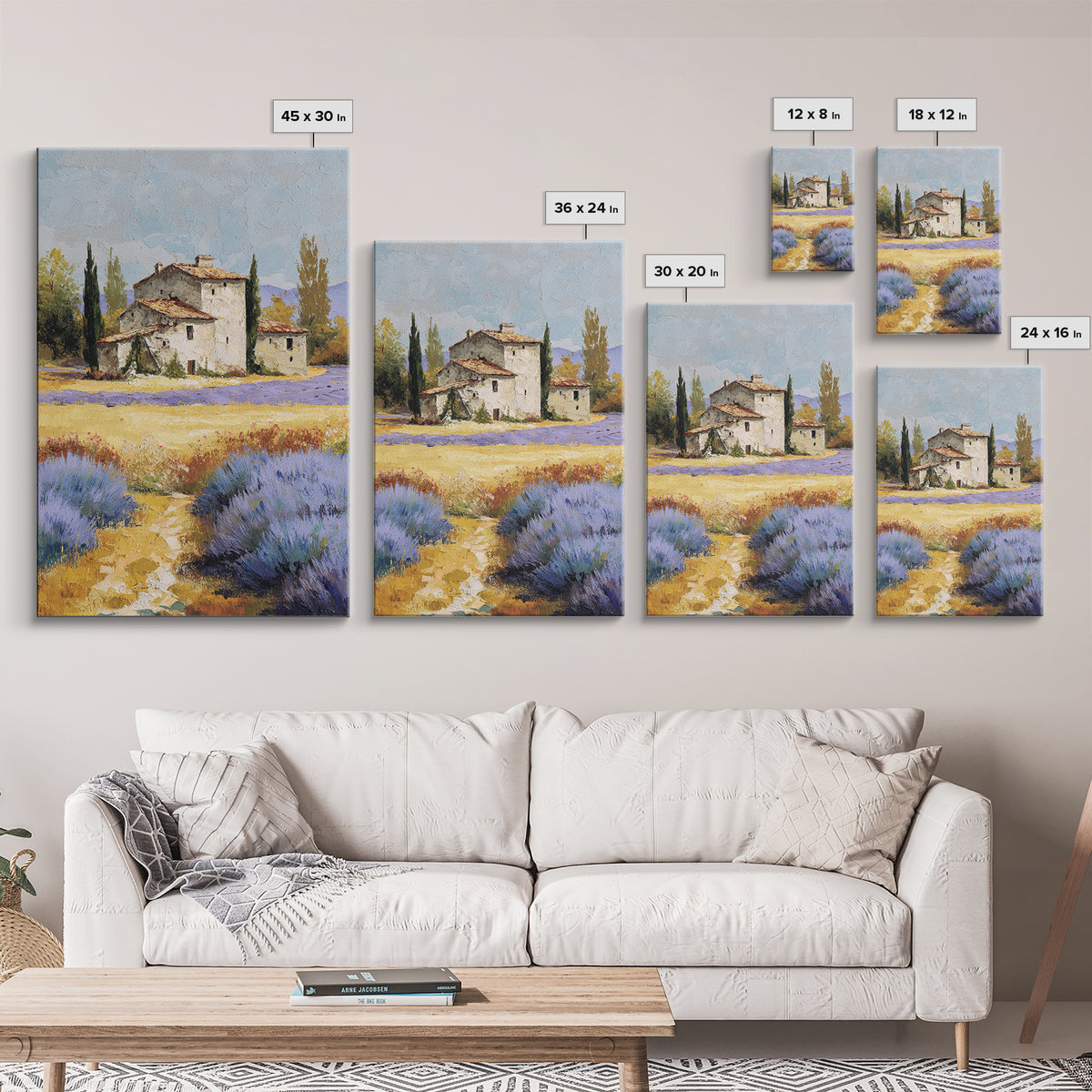 Lavender Field with Distant Stone Farmhouse Canvas Print, French Country Art, Minimalist Decor, Farmhouse Decor, Oil Painting, FCA-2x3-81