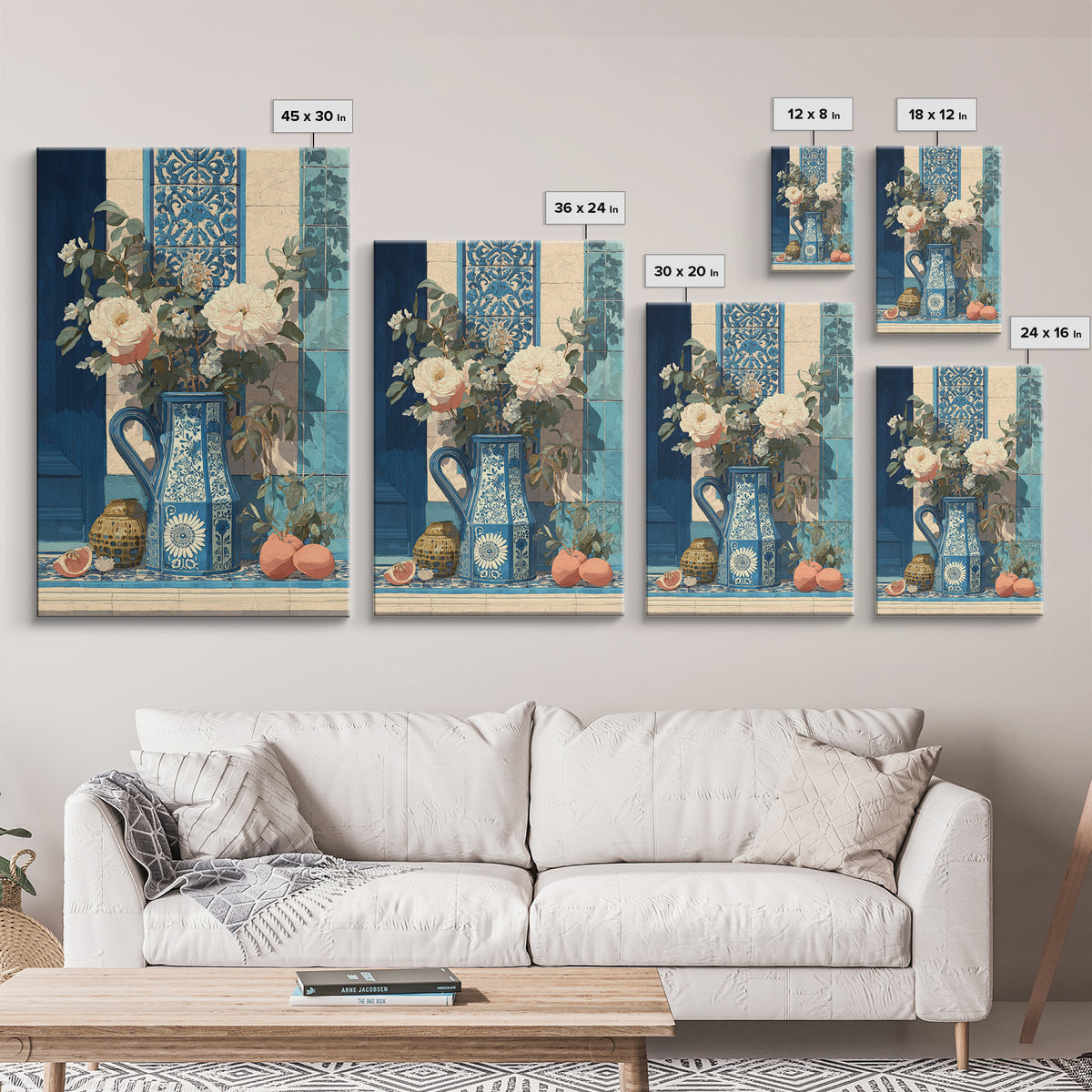 Blue and White Ceramic Pitcher Framed Canvas Print, French Country Art, Boho Decor, Farmhouse Decor, Fine Art, Country, FCA-2x3-83