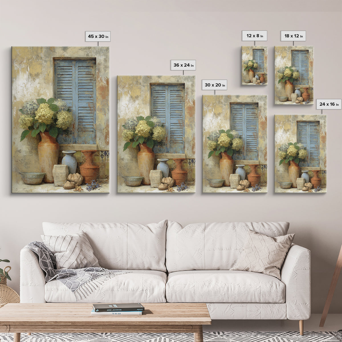 Soft Hydrangeas Beside Antique Shutters Framed Canvas Print, French Country Art, Neutral Decor, Farmhouse Decor, Country, FCA-2x3-88
