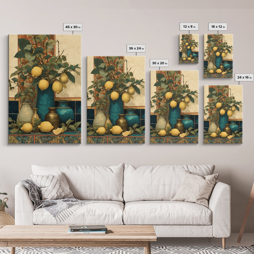 Aged Botanical Plate of Lemons and Leaves Framed Canvas Print, French Country Art, Farmhouse Decor, Fine Art, Country, FCA-2x3-92