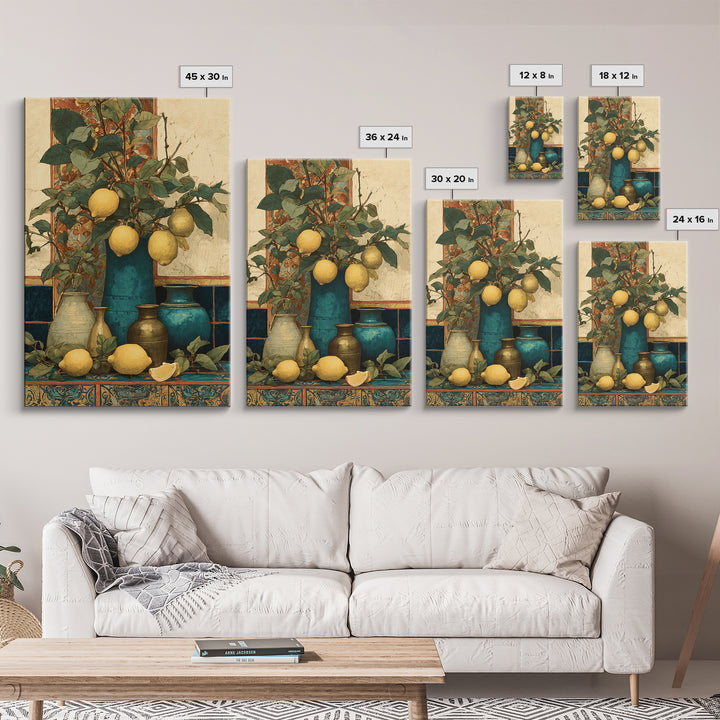 Aged Botanical Plate of Lemons and Leaves Framed Canvas Print, French Country Art, Farmhouse Decor, Fine Art, Country, FCA-2x3-92