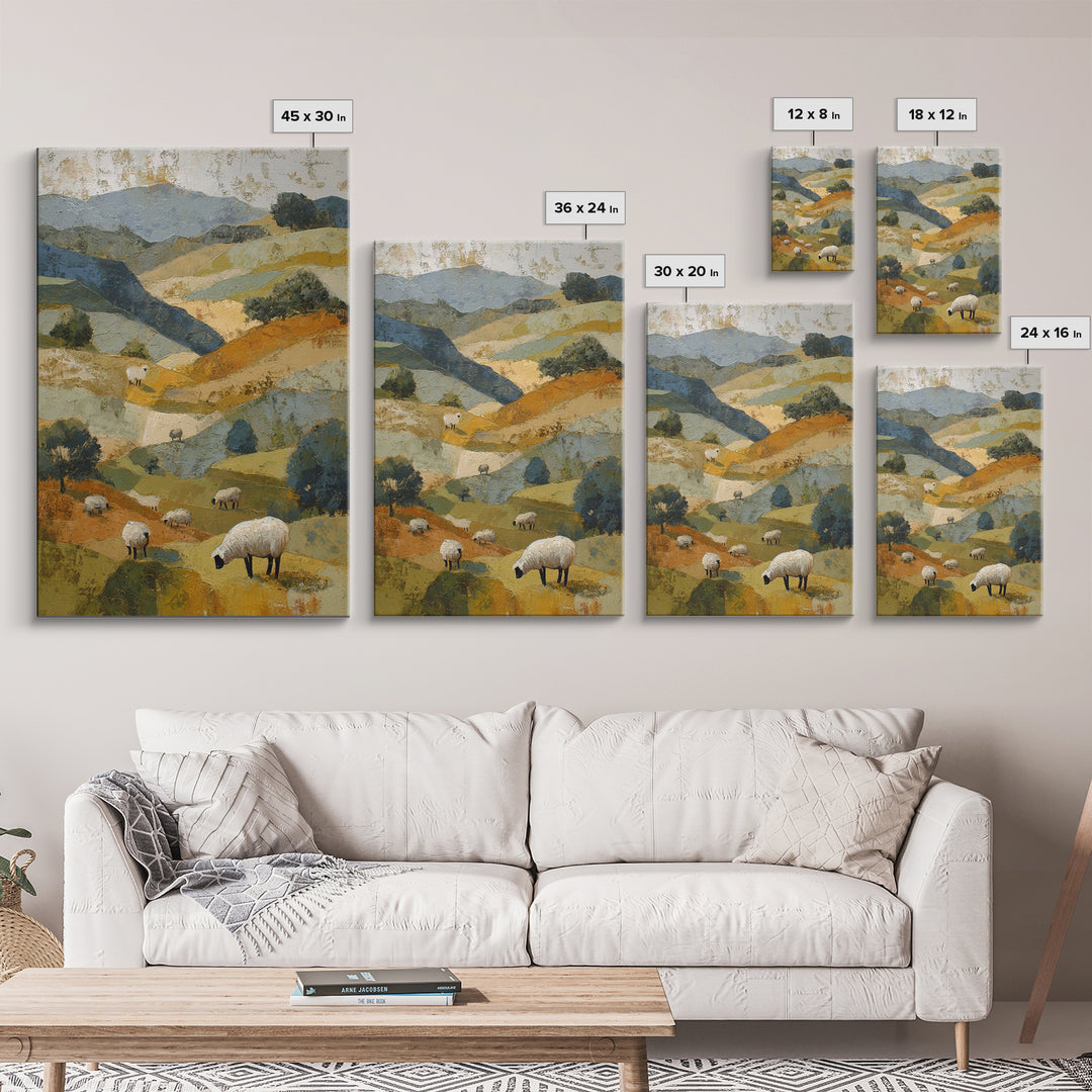 Pastoral Sheep in Rolling Countryside Framed Canvas Print, French Country Art, Textured Painting, Farmhouse Decor, Country, FCA-2x3-94
