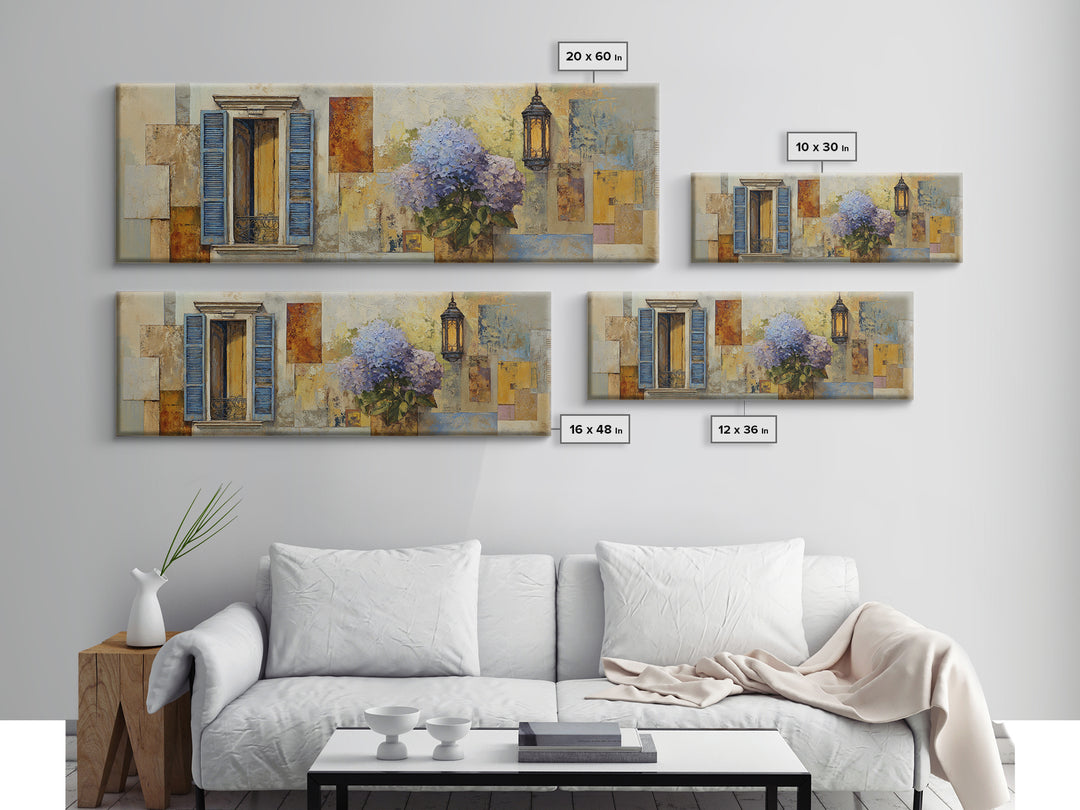 Soft Hydrangeas Beside Antique Shutters Canvas Print, French Country Art, Farmhouse Wall Art, Farmhouse Decor, Country, FCA-3x1-24