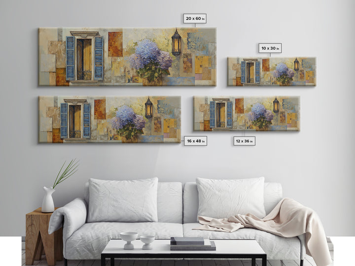 Soft Hydrangeas Beside Antique Shutters Canvas Print, French Country Art, Farmhouse Wall Art, Farmhouse Decor, Country, FCA-3x1-24