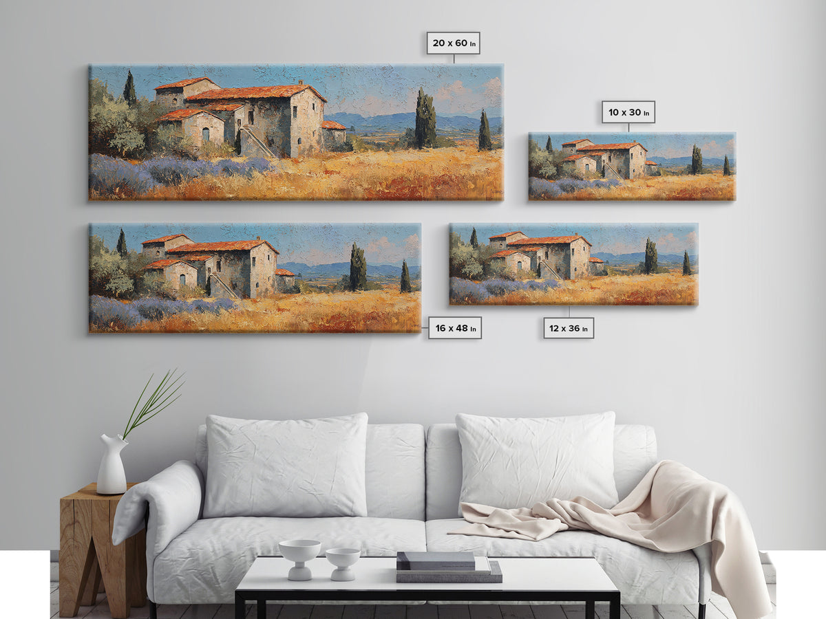 Lavender Field with Distant Stone Farmhouse Canvas Print, French Country Art, Printable Art, Farmhouse Decor, Watercolor Art, FCA-3x1-41