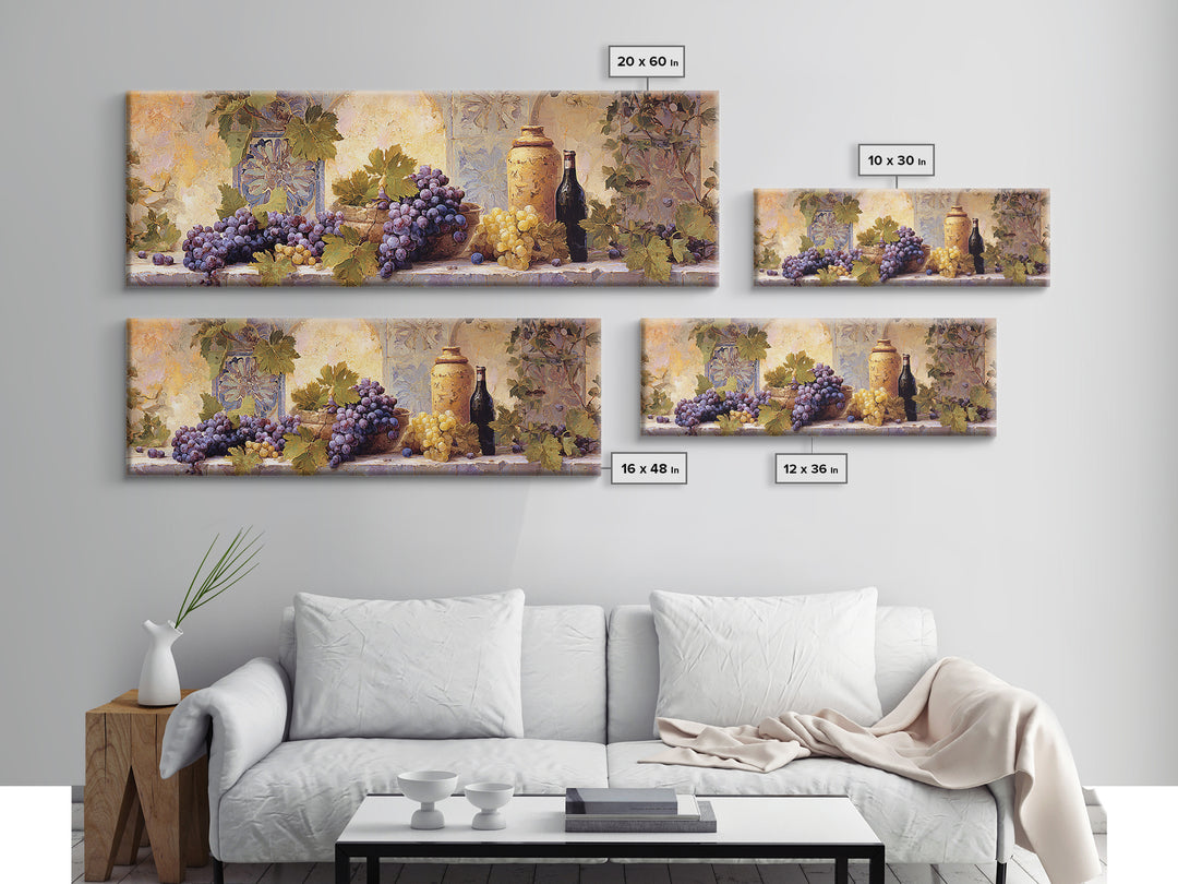 Grapes and Wine Still Life Canvas Print, French Country Art, Oil Painting, Farmhouse Decor, Abstract Art, Country, FCA-3x1-49