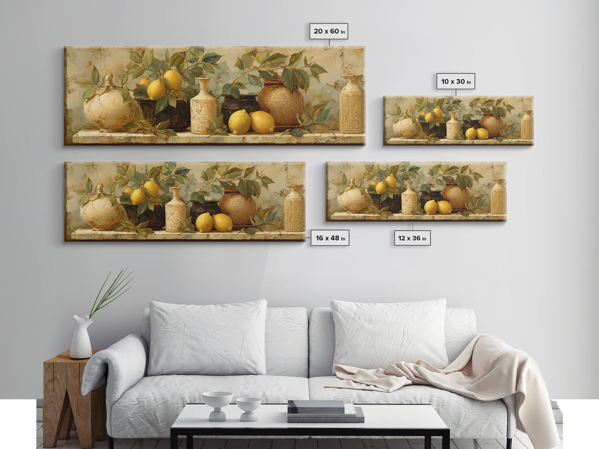 Aged Botanical Plate of Lemons and Leaves Framed Canvas Print, French Country Art, Boho Decor, Farmhouse Decor, Country, FCA-3x1-52
