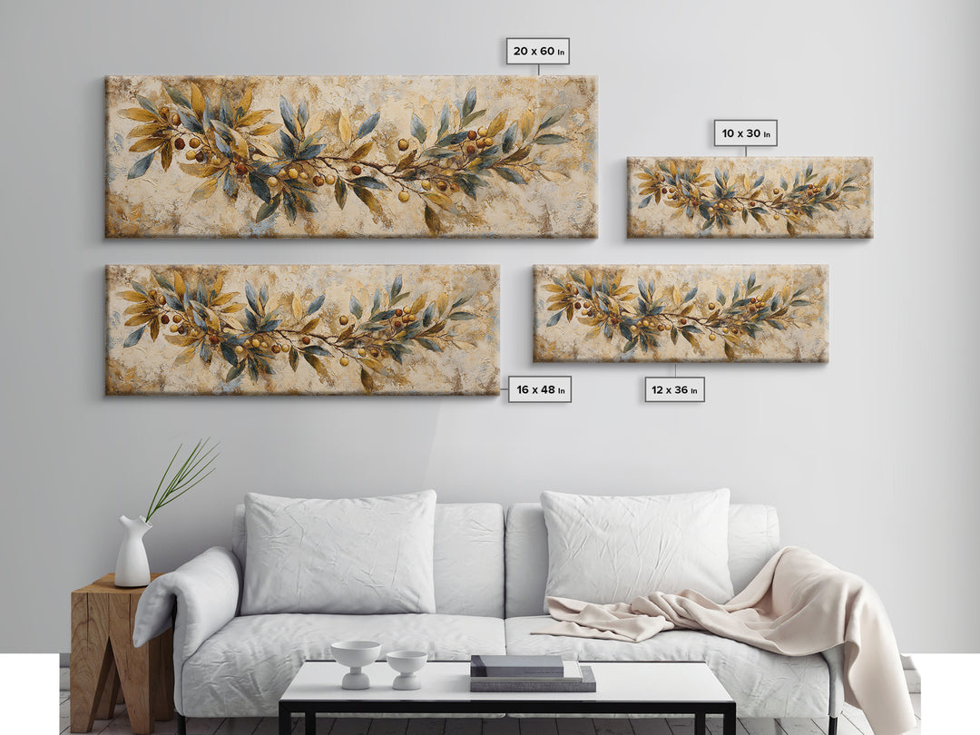 Olive Branch Wreath on Cream Ground Canvas Print, French Country Art, Landscape Painting, Farmhouse Decor, Fine Art, Country, FCA-3x1-62