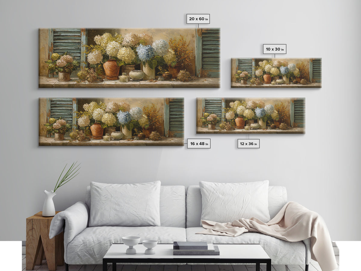 Soft Hydrangeas Beside Antique Shutters Framed Canvas Print, French Country Art, Textured Painting, Farmhouse Decor, Country, FCA-3x1-72
