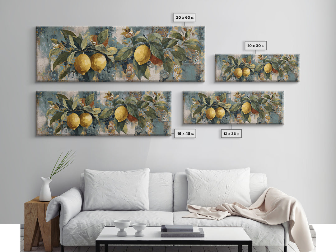 Aged Botanical Plate of Lemons and Leaves Canvas Print, French Country Art, Farmhouse Decor, Oil Painting, Country, FCA-3x1-76