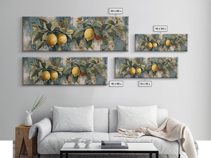 Aged Botanical Plate of Lemons and Leaves Canvas Print, French Country Art, Farmhouse Decor, Oil Painting, Country, FCA-3x1-76