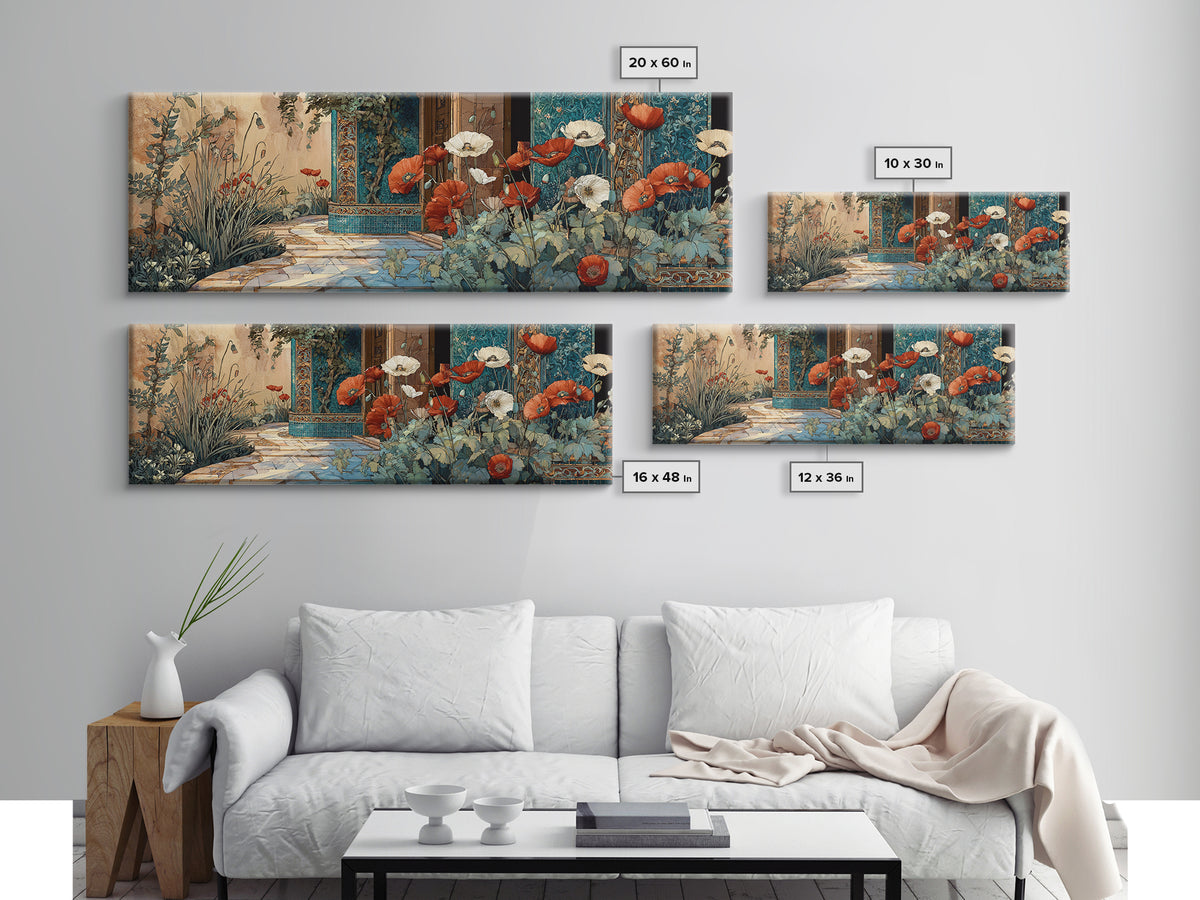 Poppies Beside a Stone Garden Wall Framed Canvas Print, French Country Art, Digital Art, Farmhouse Decor, Watercolor Art, FCA-3x1-79