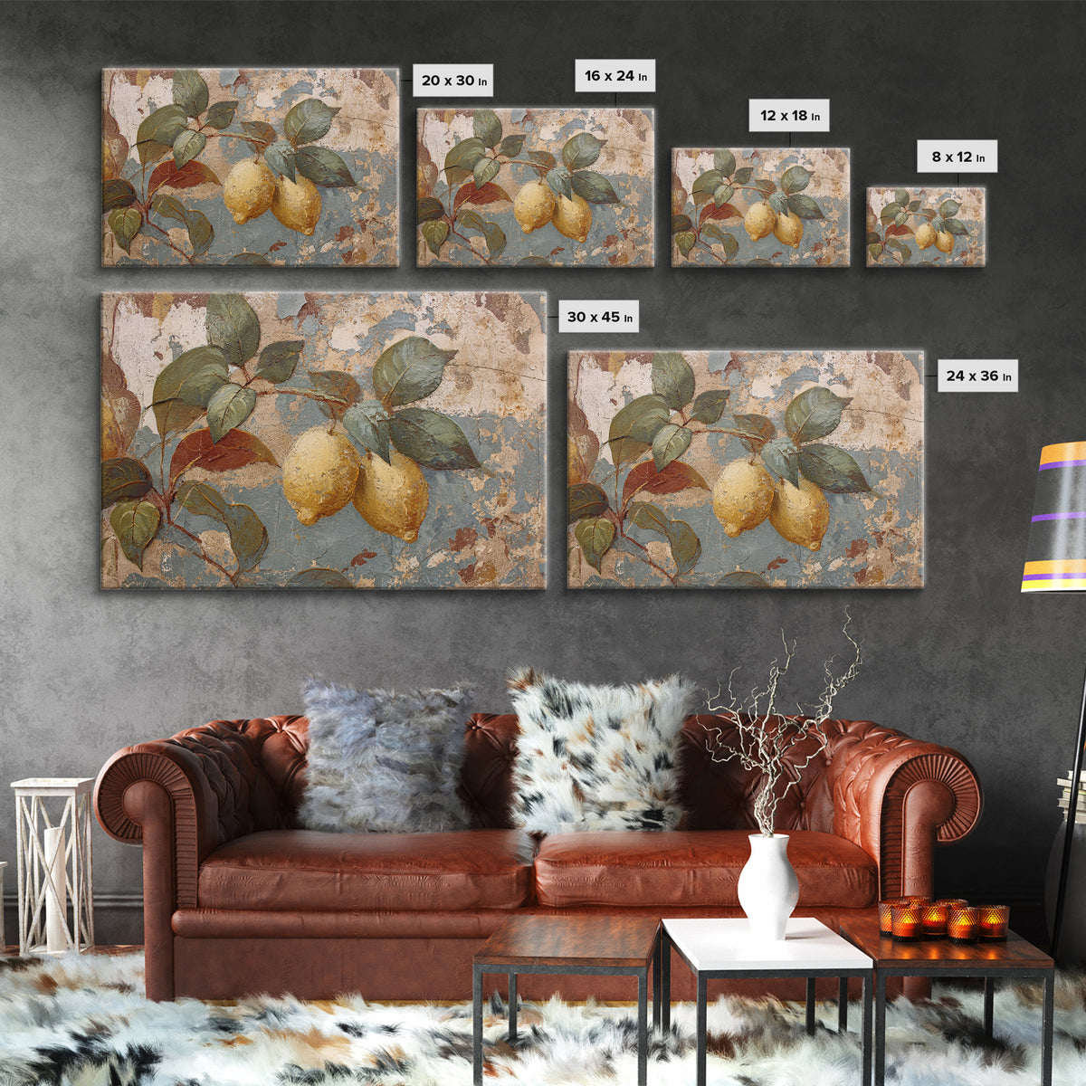 Aged Botanical Plate of Lemons and Leaves Canvas Print, French Country Art, Art Print, Farmhouse Decor, Watercolor Art, Country, FCA-3x2-16