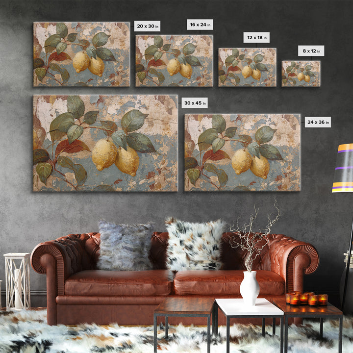 Aged Botanical Plate of Lemons and Leaves Canvas Print, French Country Art, Art Print, Farmhouse Decor, Watercolor Art, Country, FCA-3x2-16