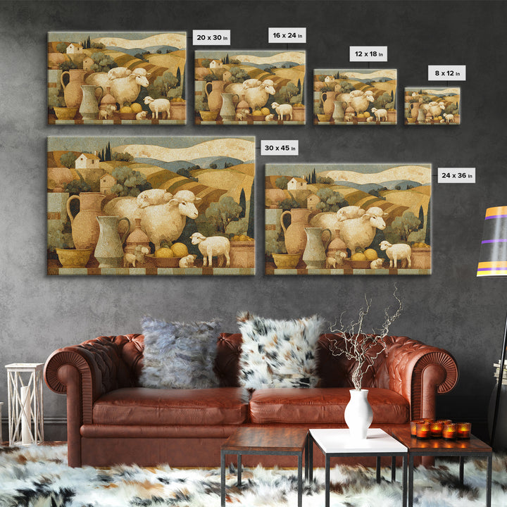 Pastoral Sheep in Rolling Countryside Framed Canvas Print, French Country Art, Textured Painting, Farmhouse Decor, Country, FCA-3x2-18