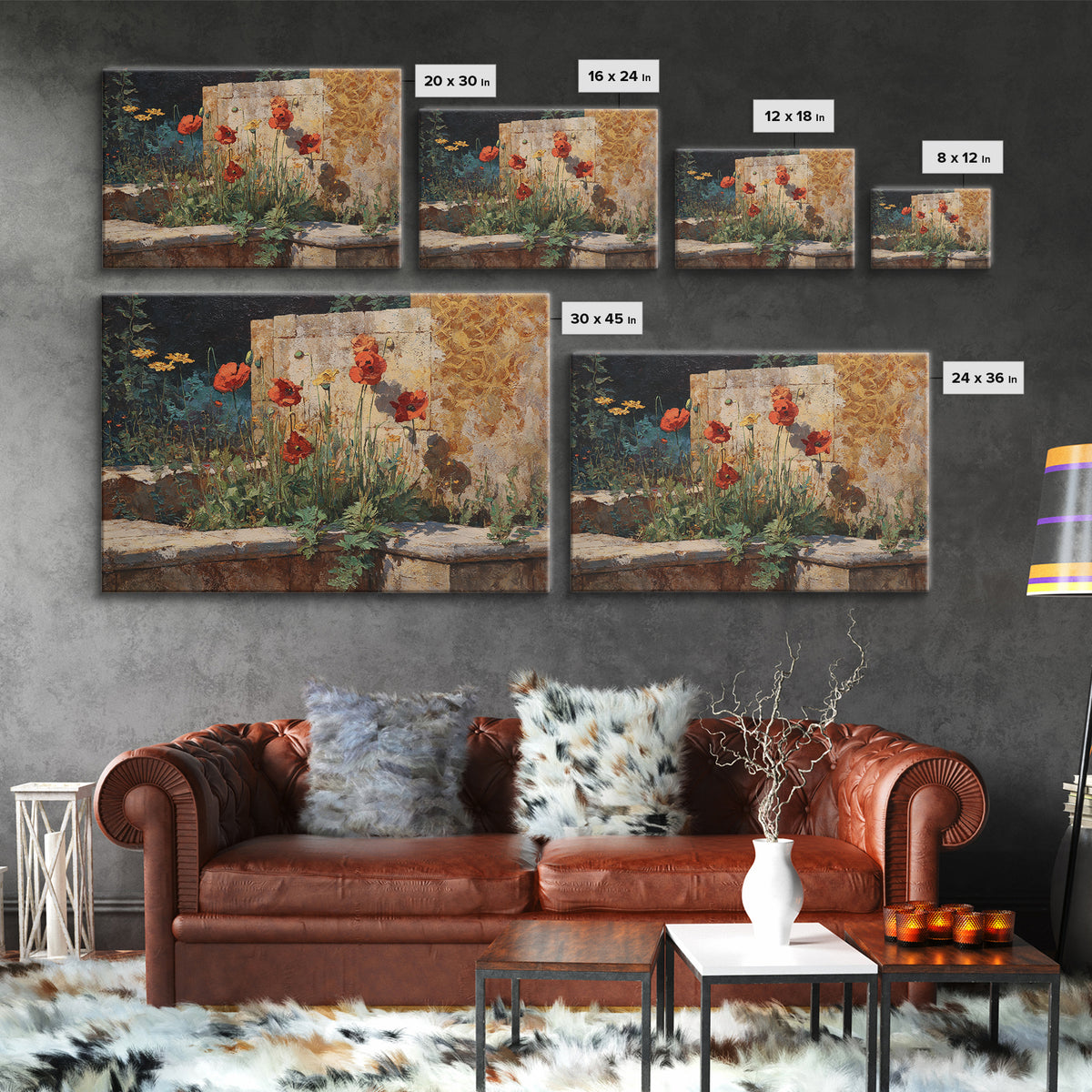 Poppies Beside a Stone Garden Wall Framed Canvas Print, French Country Art, Wall Art, Farmhouse Decor, Fine Art, Country, FCA-3x2-19