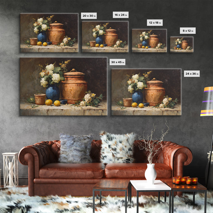 Antique Copper Pot and Flowers Still Life Framed Canvas Print, French Country Art, Boho Decor, Farmhouse Decor, Country, FCA-3x2-28