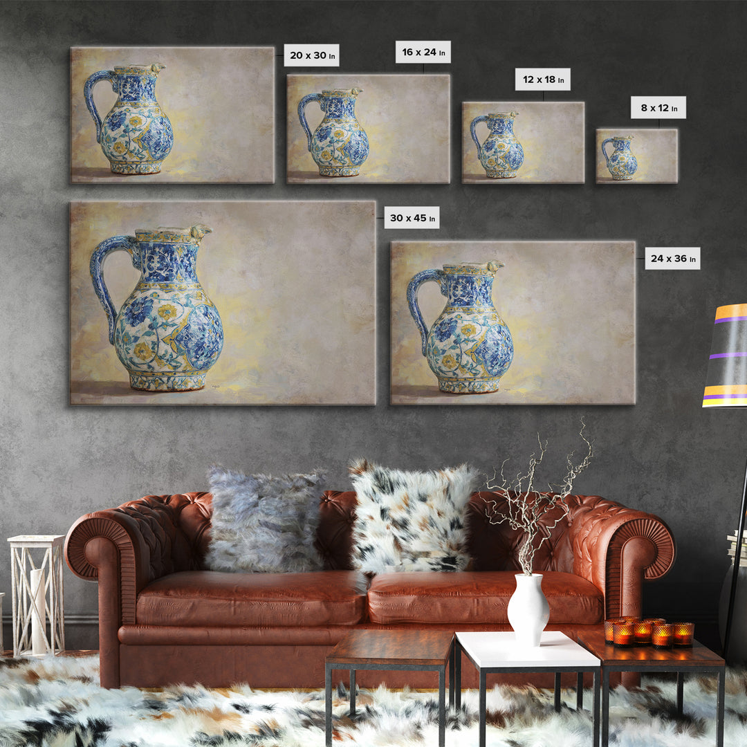 Blue and White Ceramic Pitcher Framed Canvas Print, French Country Art, Digital Art, Farmhouse Decor, Fine Art, Country, FCA-3x2-31