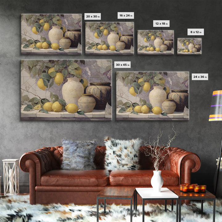 Aged Botanical Plate of Lemons and Leaves Framed Canvas Print, French Country Art, Wall Art, Farmhouse Decor, Watercolor Art, FCA-3x2-40