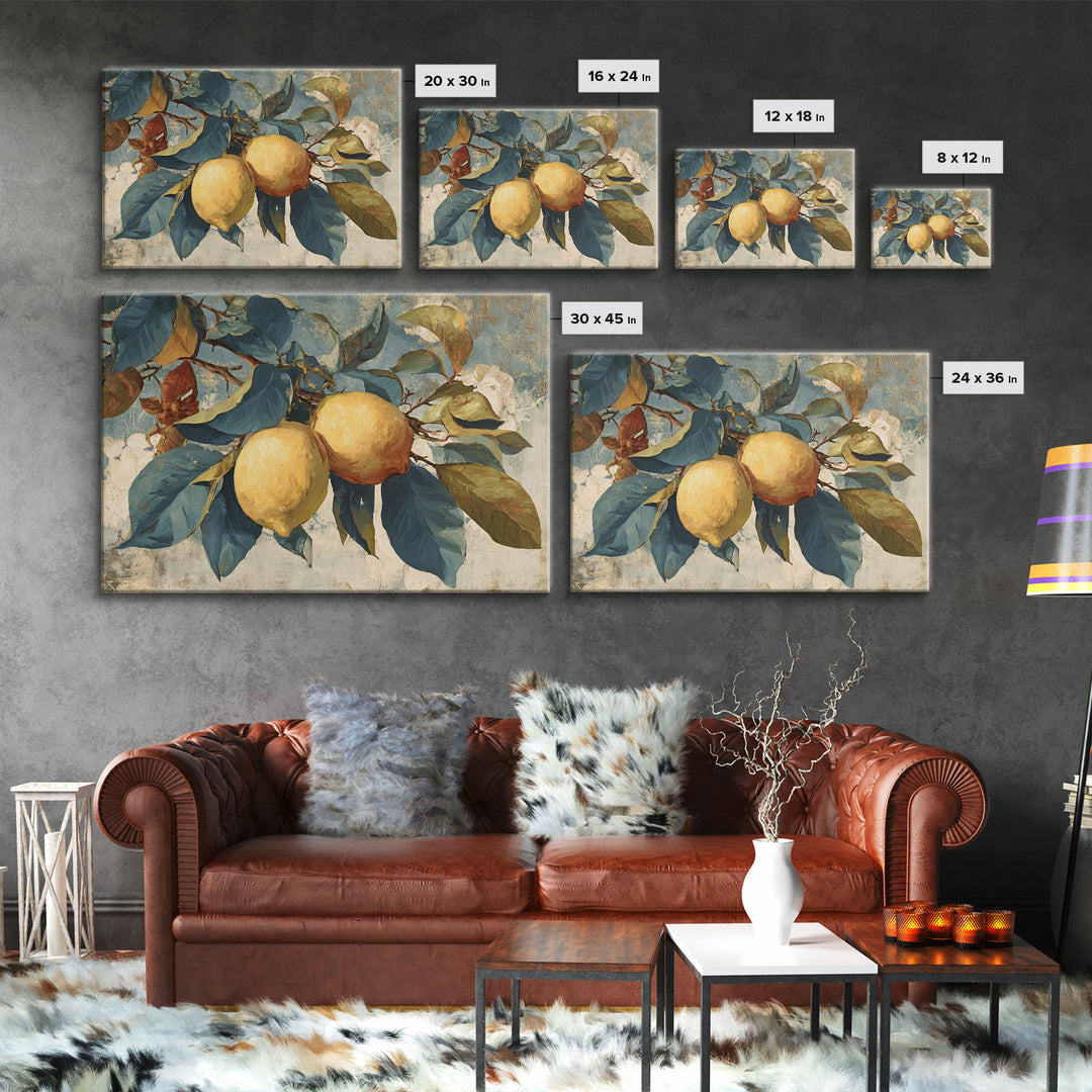 Aged Botanical Plate of Lemons and Leaves Framed Canvas Print, French Country Art, Farmhouse Decor, Fine Art, Country, FCA-3x2-64