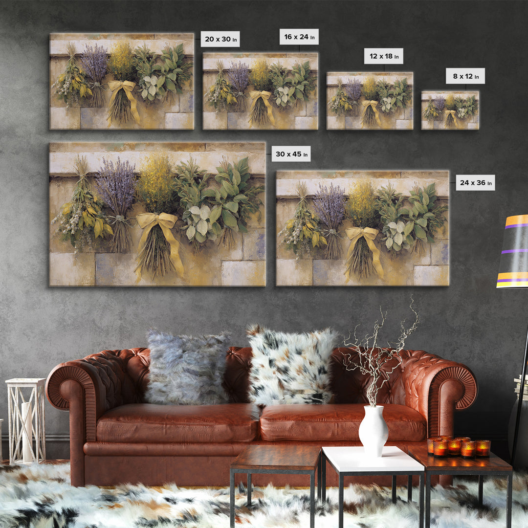 Farmhouse Kitchen Herbs Tied Framed Canvas Print, French Country Art, Digital Wall Art, Farmhouse Decor, Watercolor Art, FCA-3x2-65