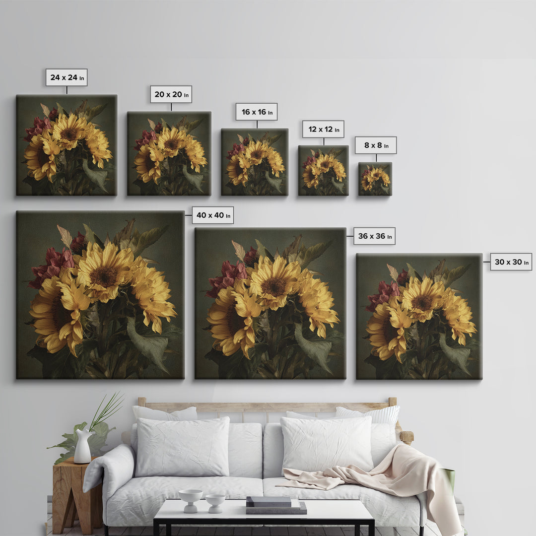 Sunflower Bouquet in Bold Golden Tones Framed Canvas Print, Floral Art, Textured Painting, Living Room Decor, Fine Art, Bloom, FLO-1x1-29
