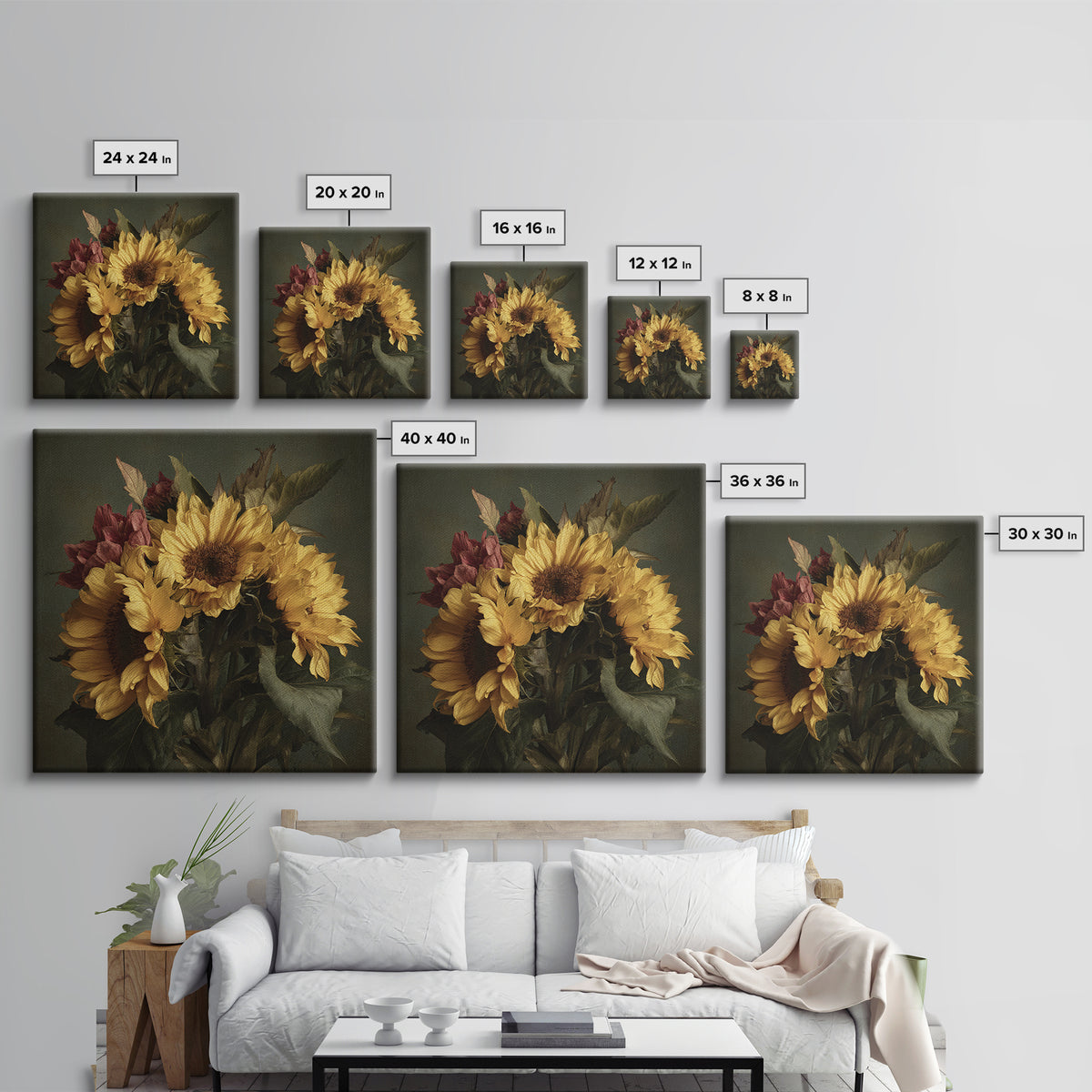 Sunflower Bouquet in Bold Golden Tones Framed Canvas Print, Floral Art, Textured Painting, Living Room Decor, Fine Art, Bloom, FLO-1x1-29