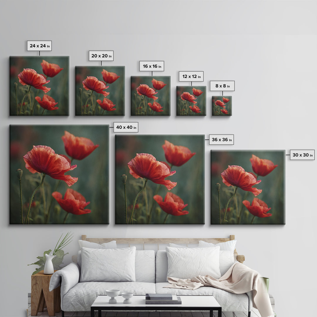 Poppy Field with Red Petals and Green Framed Canvas Print, Floral Art, Gallery Decor, Living Room Decor, Fine Art, Bloom, FLO-1x1-32