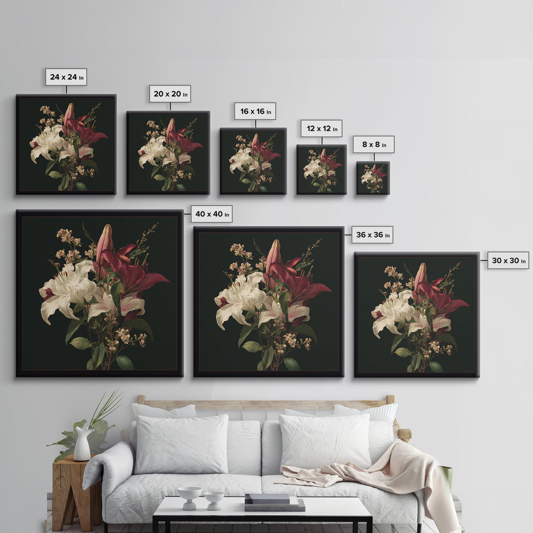 Lily Bouquet with Dramatic Dark Background Framed Canvas Print, Floral Art, Dark Academia Decor, Living Room Decor, Bloom, FLO-1x1-44