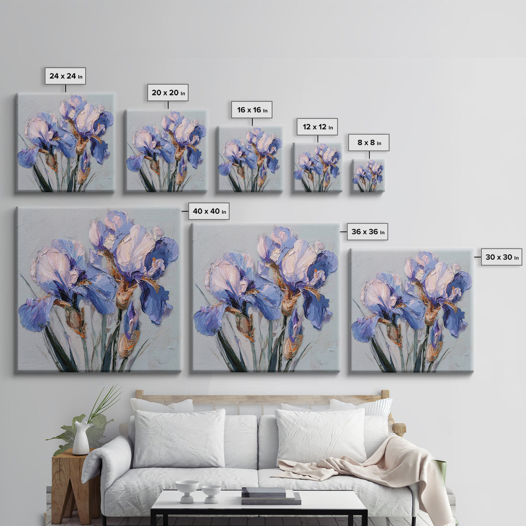 Irises Painted with Expressive Blue Strokes Framed Canvas Print, Floral Art, Botanical Curtain, Living Room Decor, Oil Painting, FLO-1x1-46